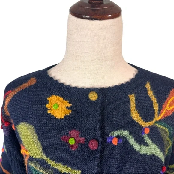 Vintage Peruvian 100% Alpaca Sz L/XL Blue Floral Buttons Scalloped Edge Cardigan